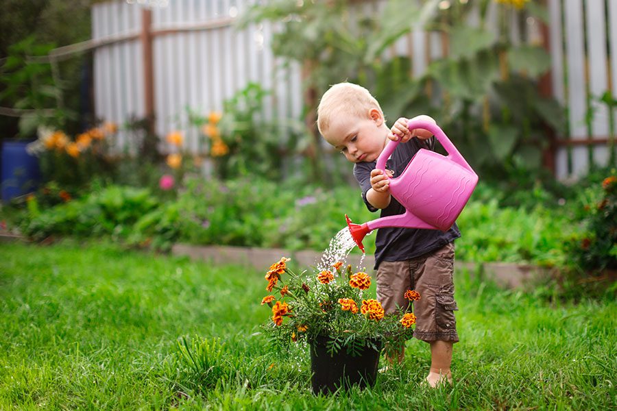 A small child holding a pink watering can and watering newly bought flowers to be planted in a garden in Springfield, IL.