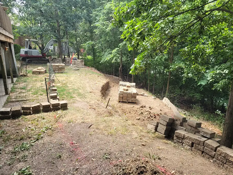 Monarch Landscaping - Projects - Howard backyard retaining wall, walkway and patio - in progress - Springfield, IL
